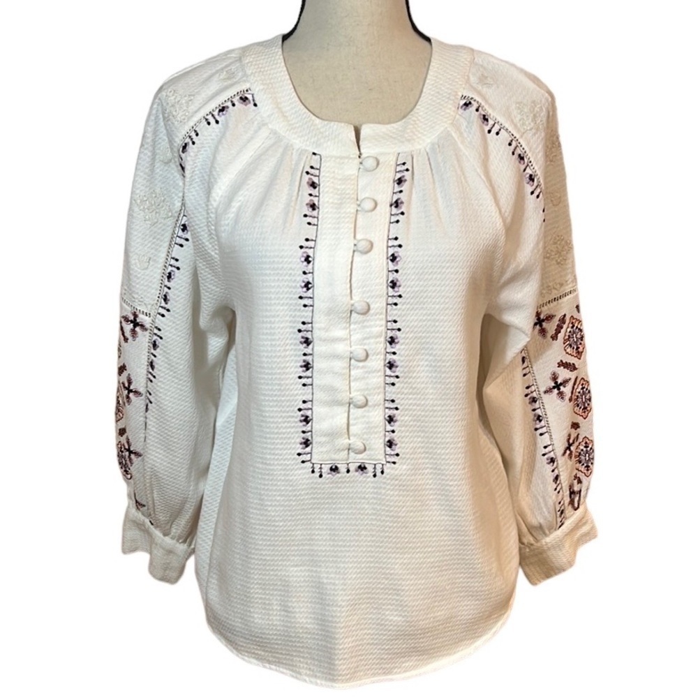 Anthropologie White Floral Embroidered Pullover Top Sz-S